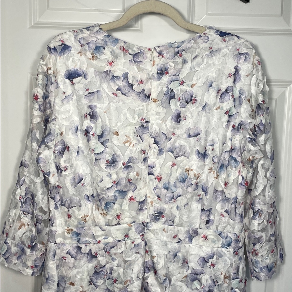 Nora Noh Indigo Pansy Dress Women’s Size 12 Floral 3D Midi 3/4 Sleeve Split Neck - Picture 8 of 16